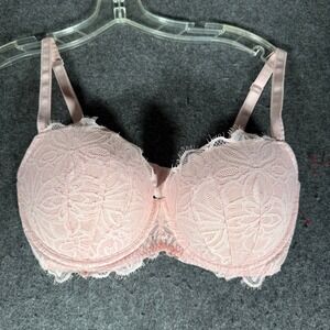 Victoria's Secret PINK Floral Lace Push-Up Bra Pink 34DD Underwire Eyelash Trim